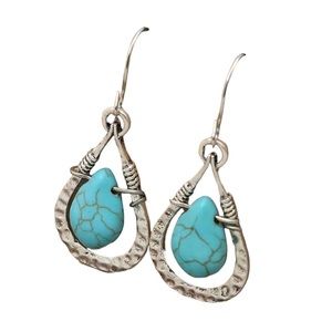 Silver and Turquoise Waterdrop Style Hammered Earrings
